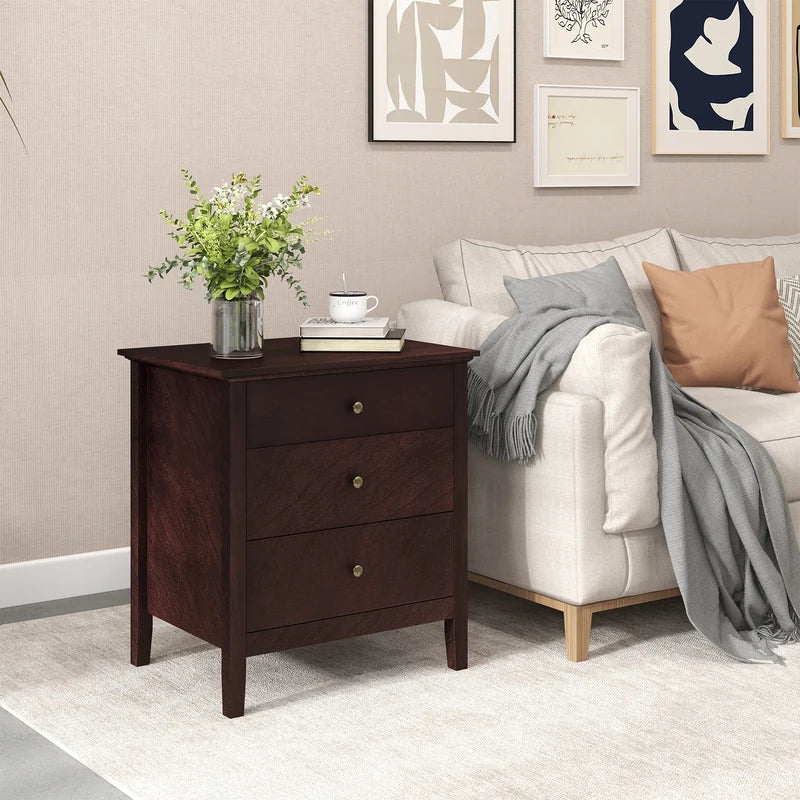 3-Drawer Wooden Nightstand with Storage and Wood Finish-Brown