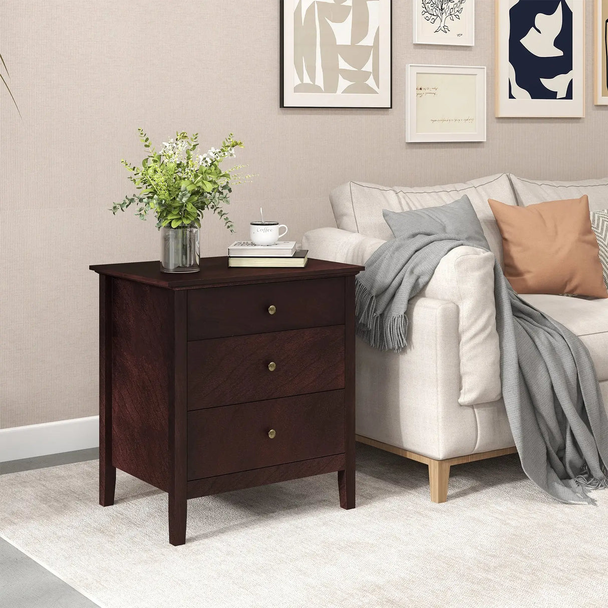 3-Drawer Wooden Nightstand with Storage and Wood Finish-Brown