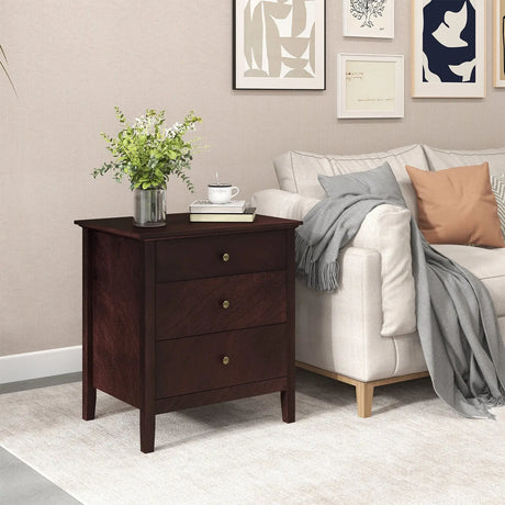 3-Drawer Wooden Nightstand with Storage and Wood Finish-Brown