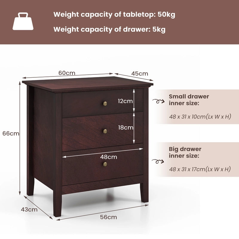 3-Drawer Wooden Nightstand with Storage and Wood Finish-Brown