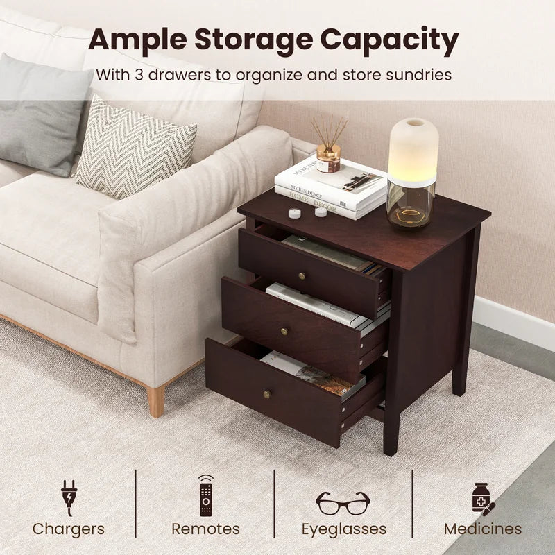 3-Drawer Wooden Nightstand with Storage and Wood Finish-Brown