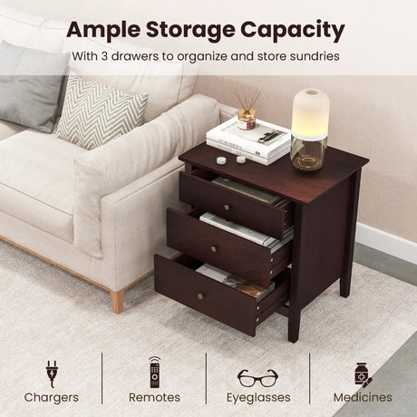 3-Drawer Wooden Nightstand with Storage and Wood Finish-Brown