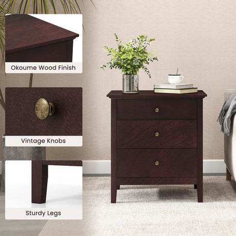 3-Drawer Wooden Nightstand with Storage and Wood Finish-Brown