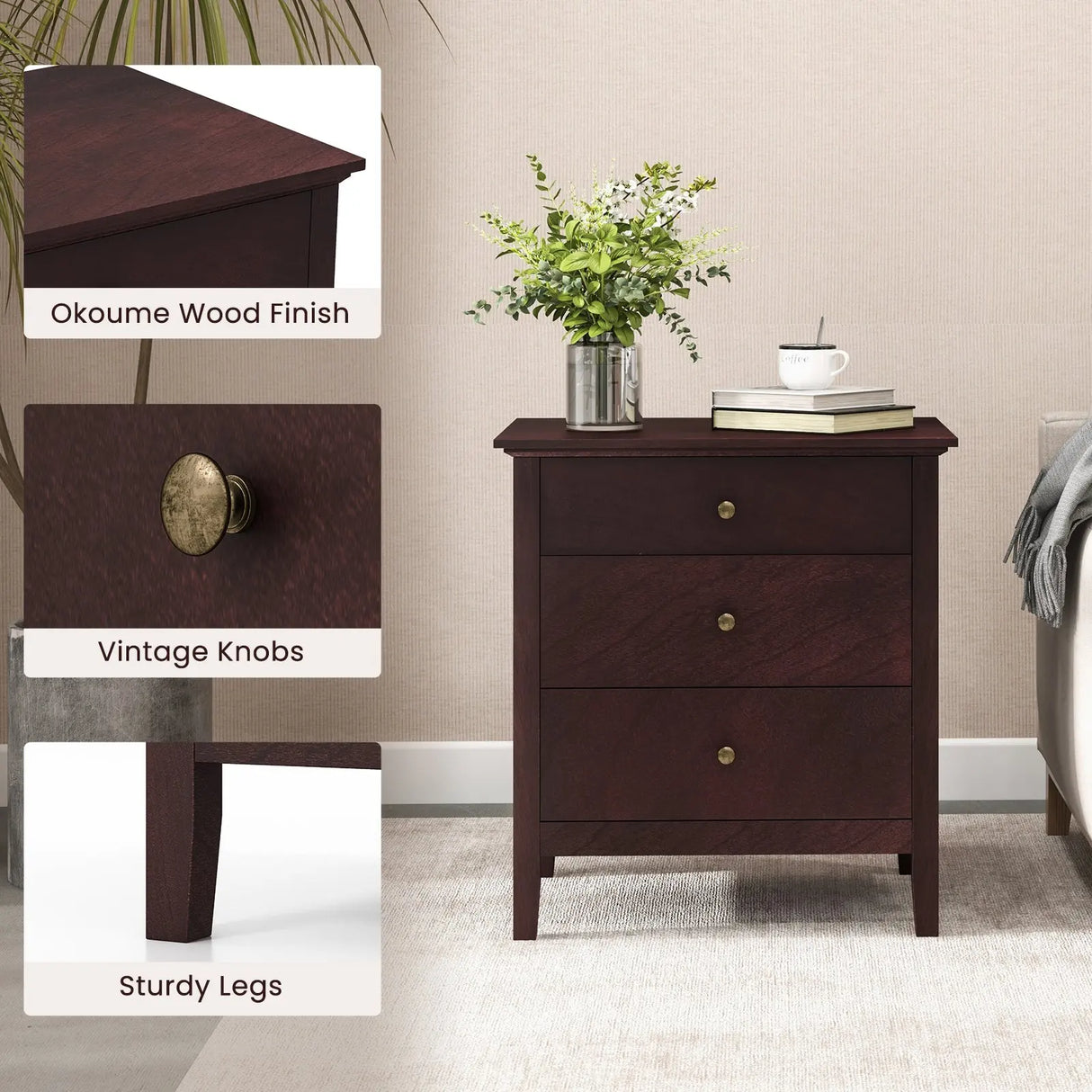 3-Drawer Wooden Nightstand with Storage and Wood Finish-Brown