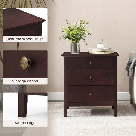 3-Drawer Wooden Nightstand with Storage and Wood Finish-Brown