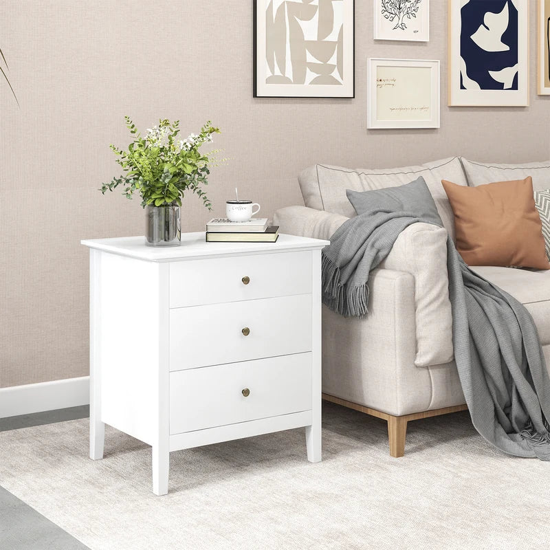 3-Drawer Wooden Nightstand with Storage and Wood Finish-White