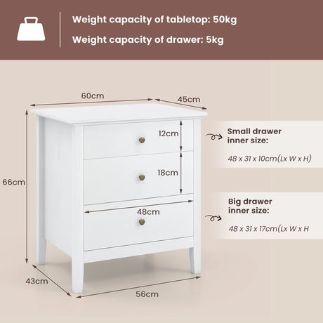 3-Drawer Wooden Nightstand with Storage and Wood Finish-White