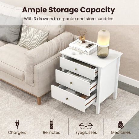 3-Drawer Wooden Nightstand with Storage and Wood Finish-White