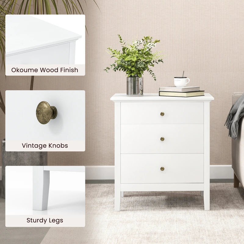 3-Drawer Wooden Nightstand with Storage and Wood Finish-White