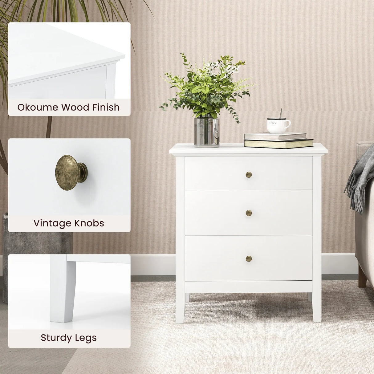 3-Drawer Wooden Nightstand with Storage and Wood Finish-White