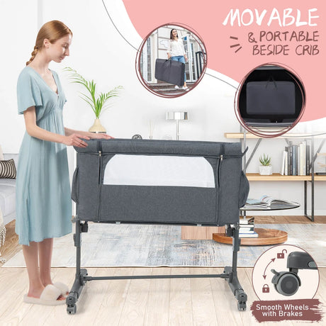 3-in-1 Adjustable Baby Bedside Bassinet with Mattress-Grey