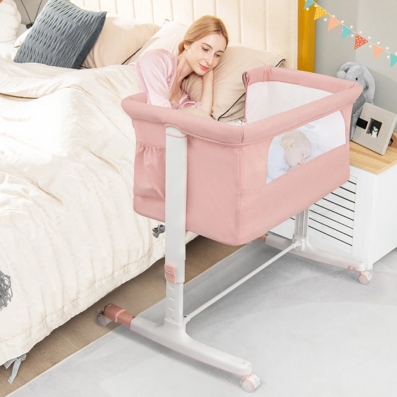 3-in-1 Adjustable Baby Bedside Bassinet with Mattress-Pink