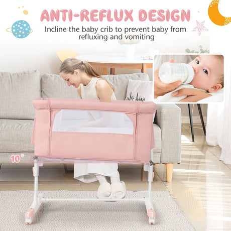 3-in-1 Adjustable Baby Bedside Bassinet with Mattress-Pink