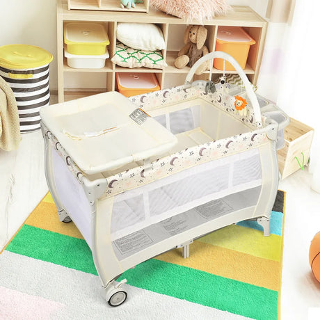 3 in 1 Convertible Bassinet Cot with Changing Table and Toy Bar-Beige