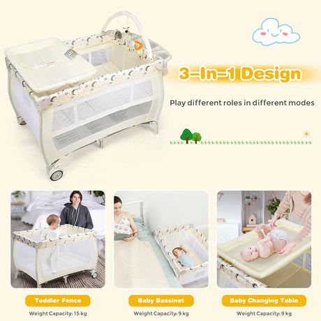 3 in 1 Convertible Bassinet Cot with Changing Table and Toy Bar-Beige