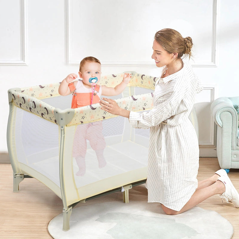 3 in 1 Convertible Bassinet Cot with Changing Table and Toy Bar-Beige