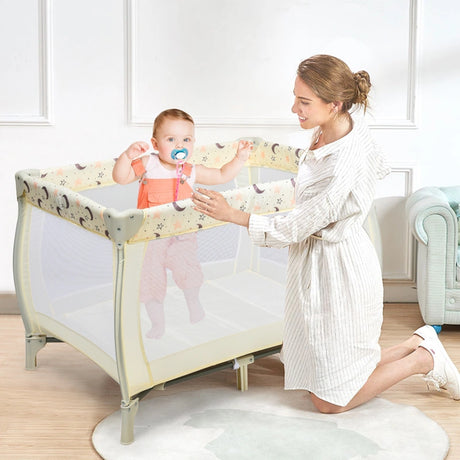 3 in 1 Convertible Bassinet Cot with Changing Table and Toy Bar-Beige