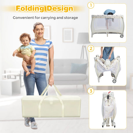 3 in 1 Convertible Bassinet Cot with Changing Table and Toy Bar-Beige
