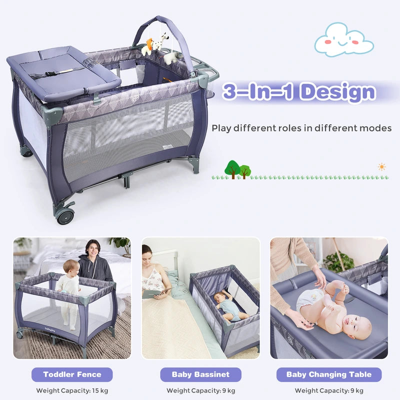 3 in 1 Convertible Bassinet Cot with Changing Table and Toy Bar-Grey