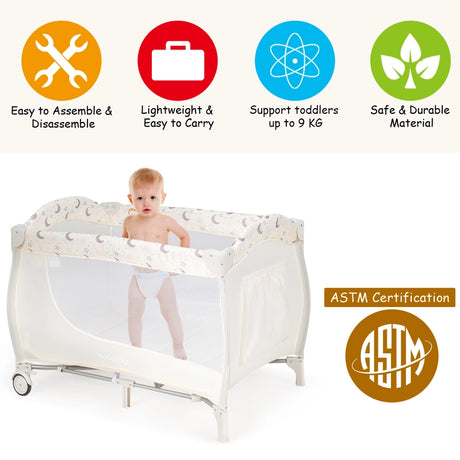 3 in 1 Portable Baby Playards Convertible Playpen with Bassinet-Beige