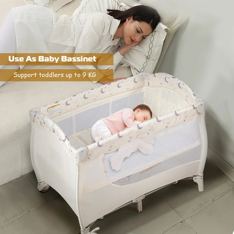 3 in 1 Portable Baby Playards Convertible Playpen with Bassinet-Beige