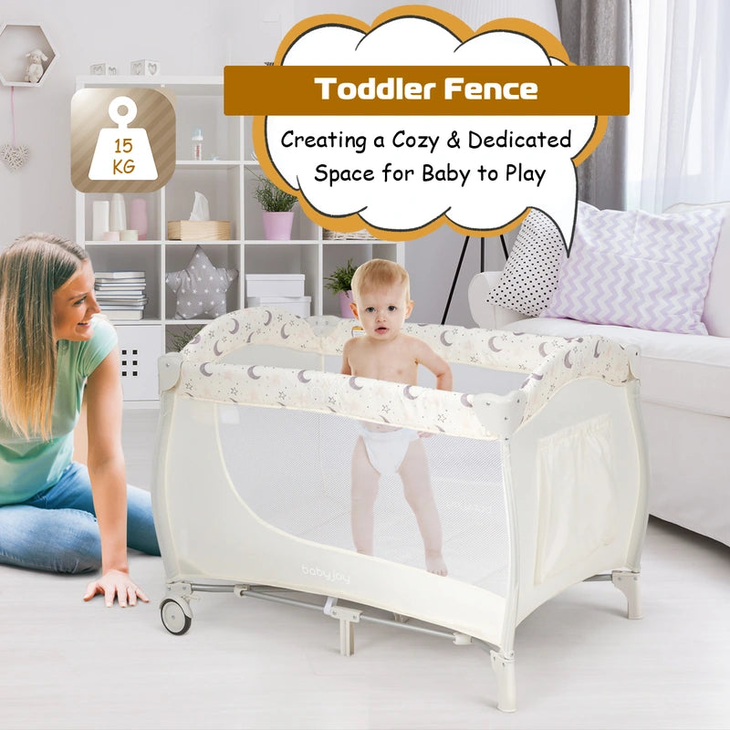 3 in 1 Portable Baby Playards Convertible Playpen with Bassinet-Beige