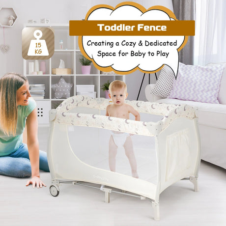 3 in 1 Portable Baby Playards Convertible Playpen with Bassinet-Beige