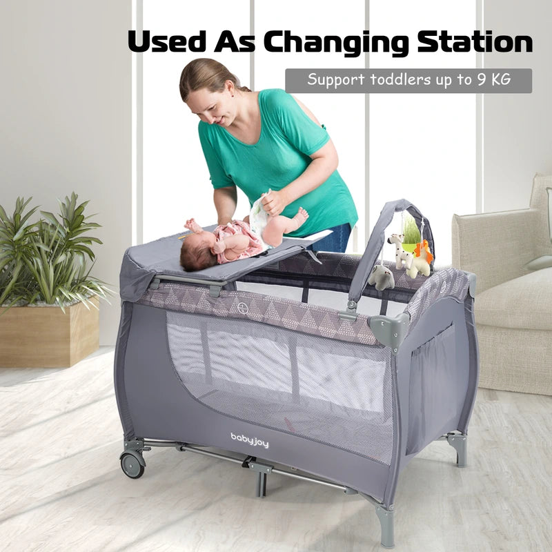 3 in 1 Portable Baby Playards Convertible Playpen with Bassinet-Grey