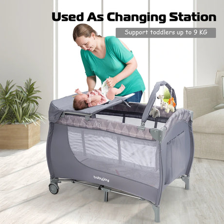 3 in 1 Portable Baby Playards Convertible Playpen with Bassinet-Grey