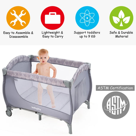 3 in 1 Portable Baby Playards Convertible Playpen with Bassinet-Grey