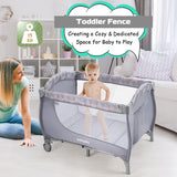 3 in 1 Portable Baby Playards Convertible Playpen with Bassinet-Grey
