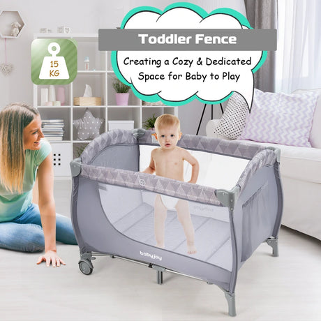3 in 1 Portable Baby Playards Convertible Playpen with Bassinet-Grey