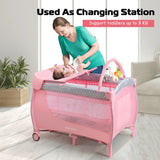 3 in 1 Portable Baby Playards Convertible Playpen with Bassinet-Pink