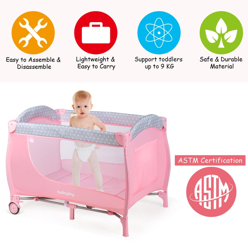 3 in 1 Portable Baby Playards Convertible Playpen with Bassinet-Pink