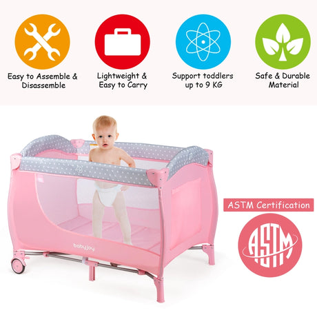 3 in 1 Portable Baby Playards Convertible Playpen with Bassinet-Pink
