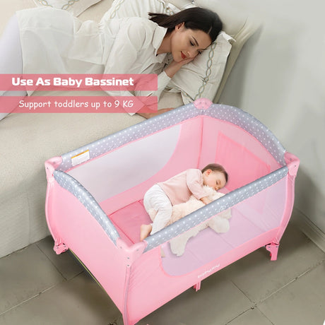 3 in 1 Portable Baby Playards Convertible Playpen with Bassinet-Pink