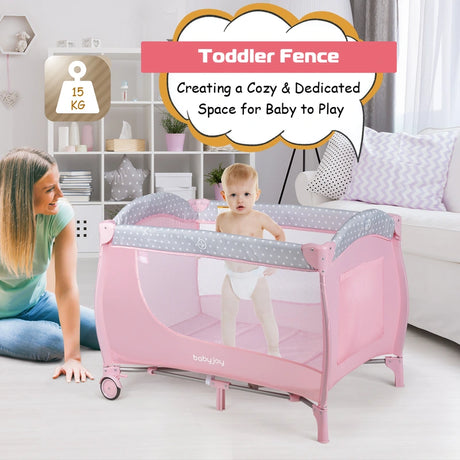 3 in 1 Portable Baby Playards Convertible Playpen with Bassinet-Pink