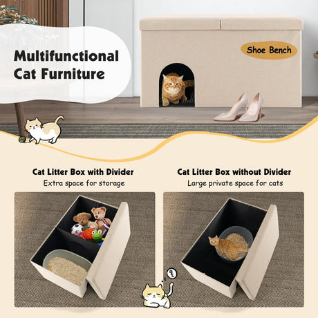 Cat Litter Box Enclosure Hidden Furniture with Urine Proof Litter Mat-Beige
