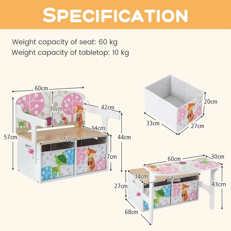 3 in 1 Kids Convertible Activity Bench with 2 Removable Fabric Bins-White