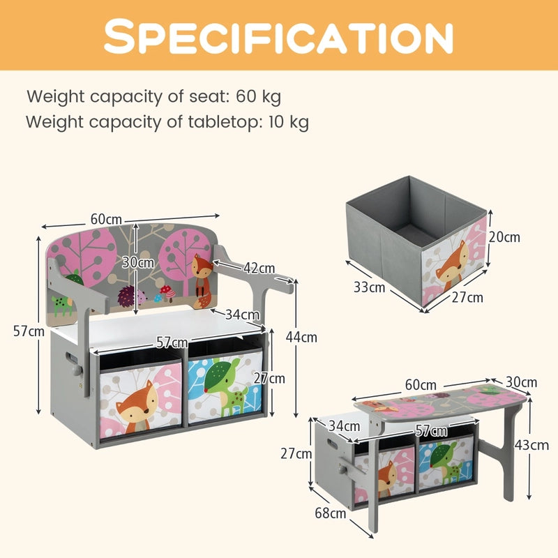 3 in 1 Kids Convertible Activity Bench with 2 Removable Fabric Bins-Gray