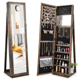 Standing Lockable Jewelry Storage Organizer with Full-Length Mirror-Brown
