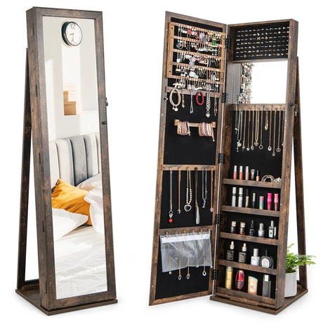 Standing Lockable Jewelry Storage Organizer with Full-Length Mirror-Brown