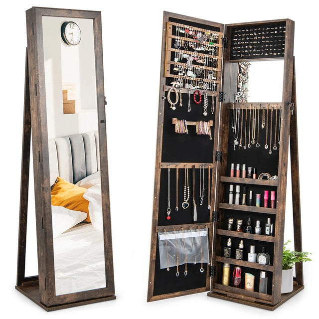 Standing Lockable Jewelry Storage Organizer with Full-Length Mirror-Brown