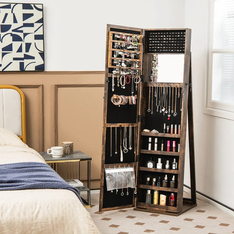 Standing Lockable Jewelry Storage Organizer with Full-Length Mirror-Brown