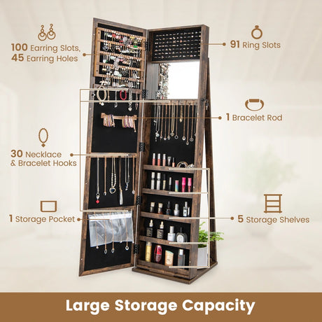Standing Lockable Jewelry Storage Organizer with Full-Length Mirror-Brown