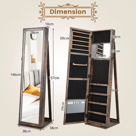 Standing Lockable Jewelry Storage Organizer with Full-Length Mirror-Brown