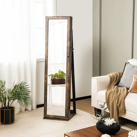 Standing Lockable Jewelry Storage Organizer with Full-Length Mirror-Brown