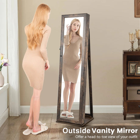 Standing Lockable Jewelry Storage Organizer with Full-Length Mirror-Brown