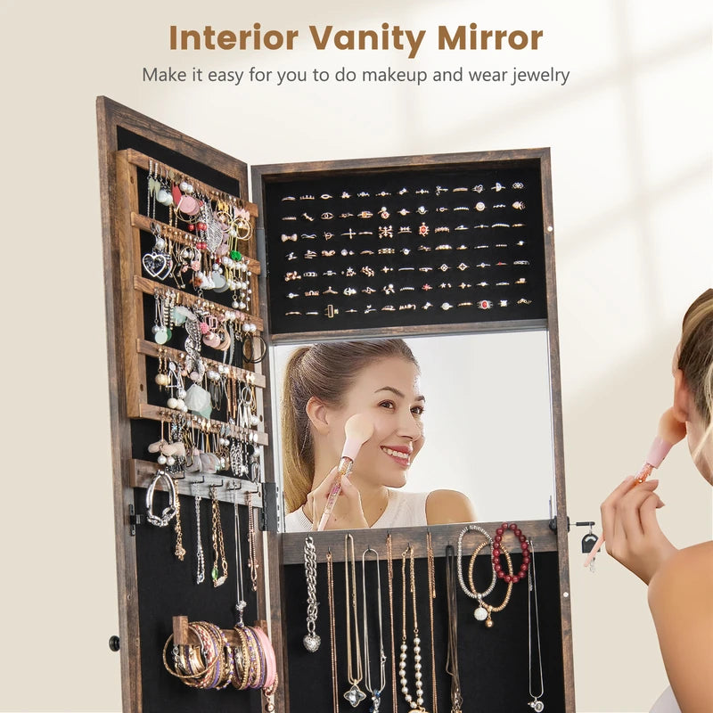 Standing Lockable Jewelry Storage Organizer with Full-Length Mirror-Brown
