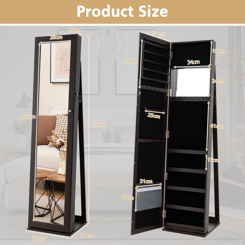 Standing Lockable Jewelry Storage Organizer with Full-Length Mirror-Coffee